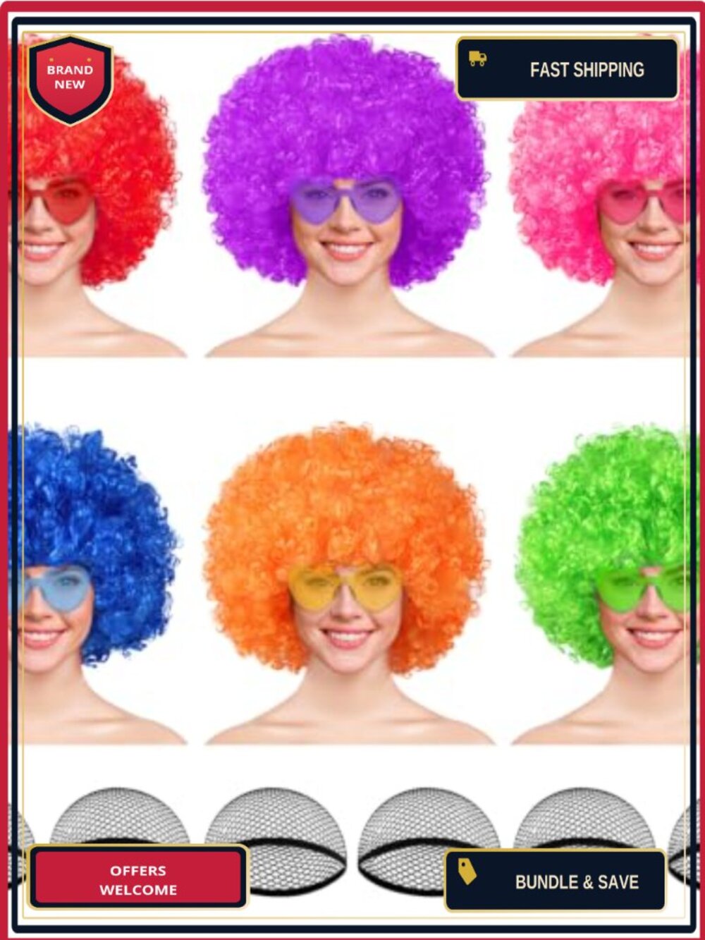 6 Pack Afro Wigs with Heart Sunglasses & Wig Caps, Curly Halloween Costume